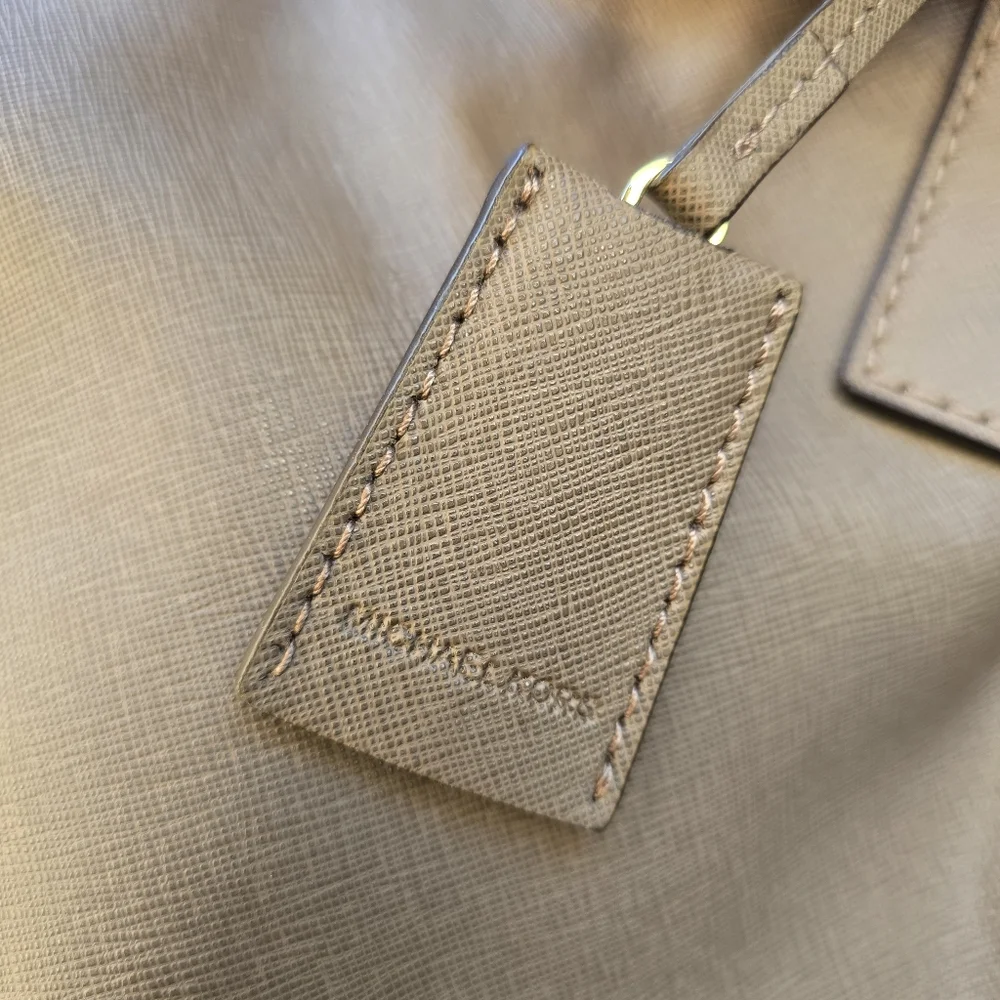 Michael Kors Hamilton Large Saffiano Leather Satchel Tote Lock Charm Taupe Beige